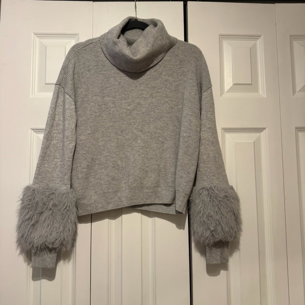 Ramy Brook Sistene Faux Fur Trim Sweater Turtleneck Medium wool and cashmere